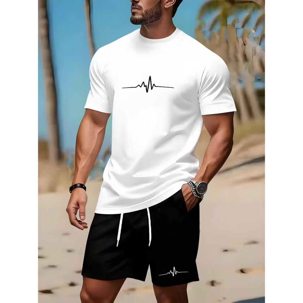 Summer Men's 3D Printed Casual Sports Loose Fashionable Comfortable Round Neck Short Sleeved Shorts Set Letter Stripe Pattern Sports Wear
