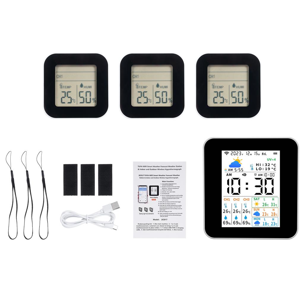 Wireless Tuya Weather Station Indoor Outdoor Thermometer 3pcs Sensors Humidity and Temperature Meter Real-time Forecast Monitor