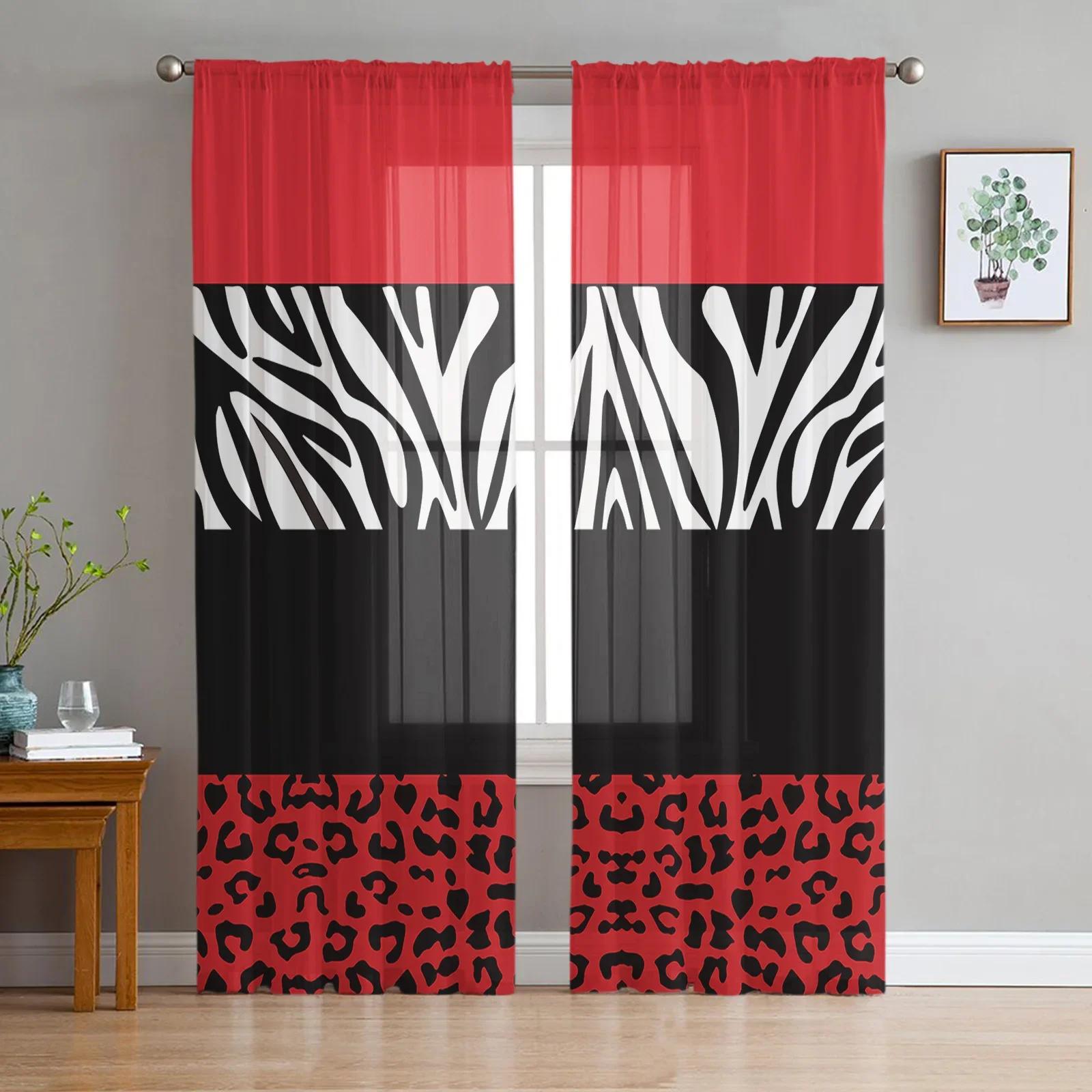 

Zebra Print Design Leopard Crimson Red Black Soft Tulle Window Panel Drapes Living Room Silk-like Fabric Transparent Light Voile Curtain Bedroom W135 x H115cm x1&Rod Pocket