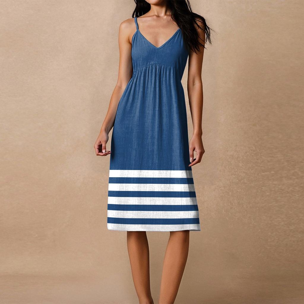 Women's Spaghetti Strap Backless Bow Loose Casual Beach Vacation Striped Printed Dress Sundress