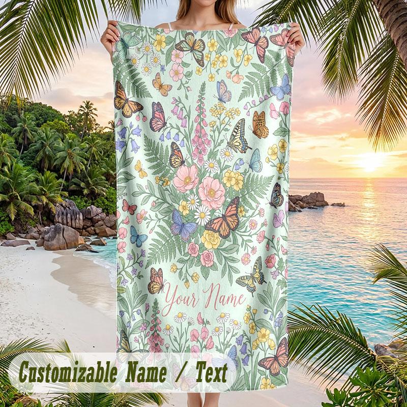 Butterflies Flowers Garden 5 Theme Quick Dry Beach Towel Custom Name Text Print Large Sand Resistant Towel Beach Vacation