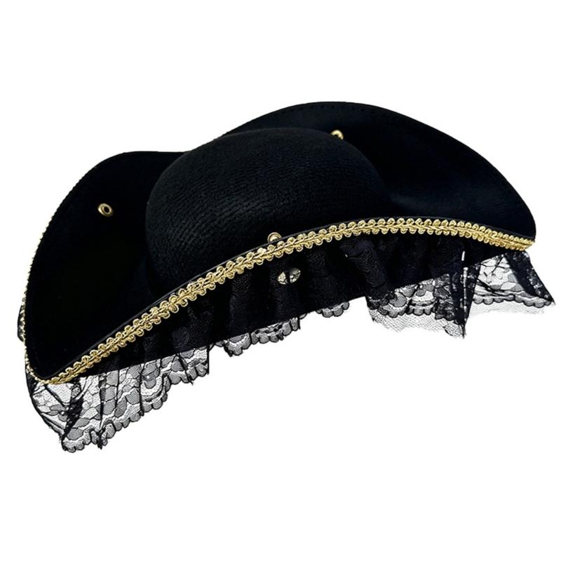 Stylish Black Pirate Hat With Lace And Feather Detail Halloween Cosplay Hat Perfect For Costume Parties