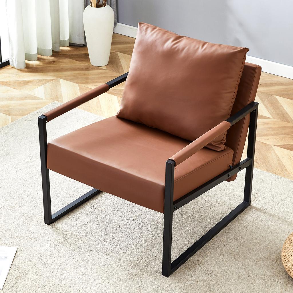 Brown Reading Chair with Black Metal Frame, Modern Casual Armchair Made of Faux Leather, Single Sofa for Living Room, Bedroom, Office