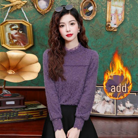 Autumn/Winter Beaded Lace Base Layer: Fashionable, Versatile, and Thickened Top 3XL (138-148 Jin)