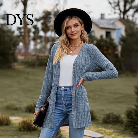 Women Knitwear Fall Long Cardigan Sweater, V Neck Button Front Knit Coat Coat, Sleeve Casual Sweater with Pockets Winter