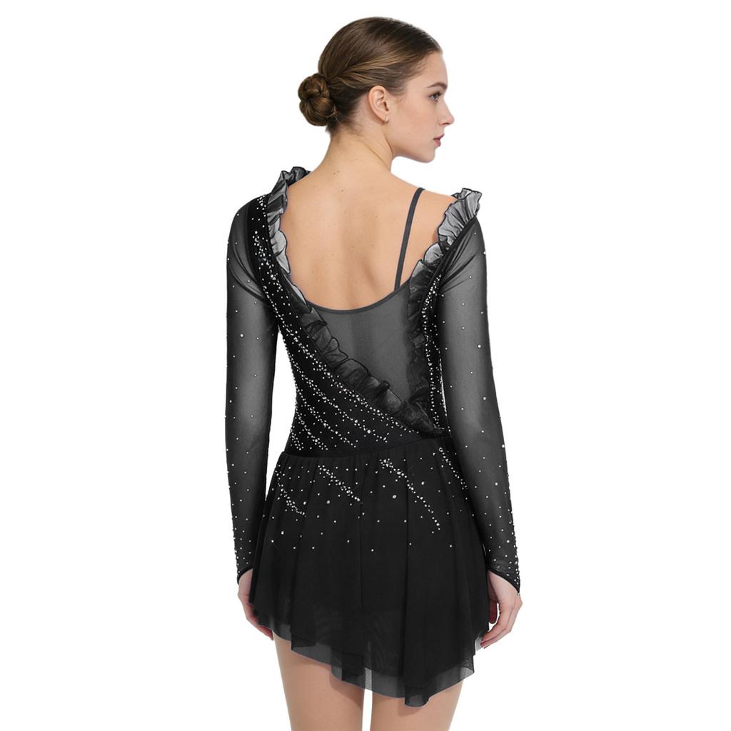Womens Figure Skating Mesh Dress Long Sleeves Asymmetrical Ruffles Ruched Rhinestones Dancewear