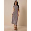 Women's Long Dress, Fashionable Casual, Color Blocked, Striped Dress, Waist Cinched, Round Neck, Short Sleeved, Long