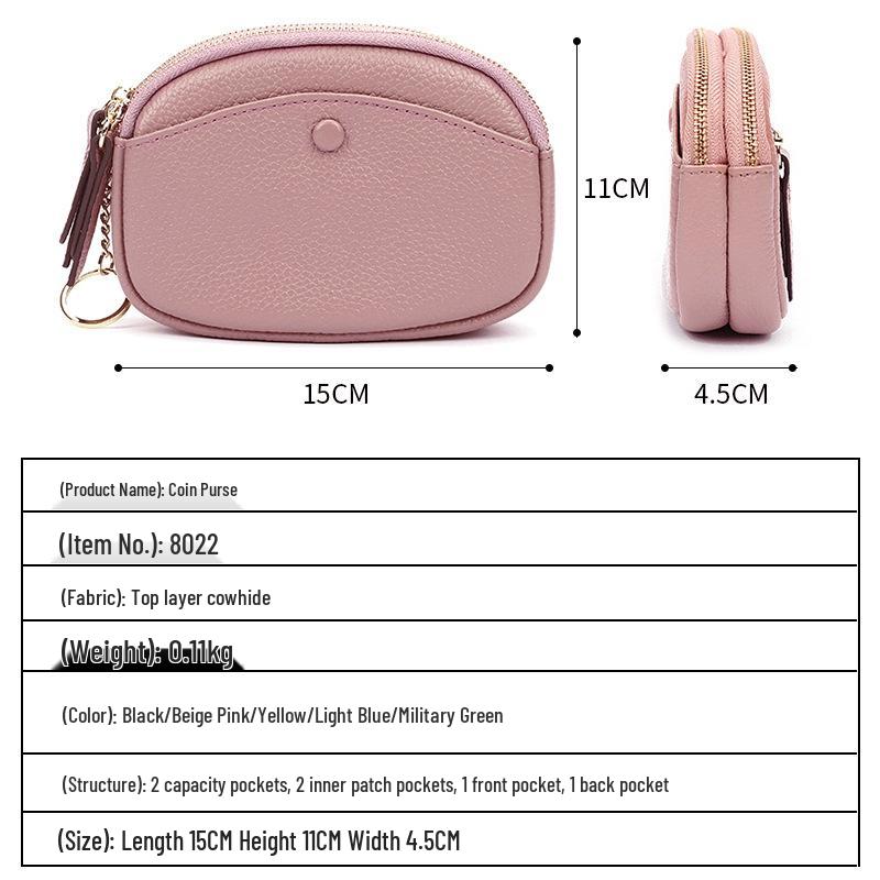 Women's Double Zipper Top Grain Cowhide Wallet: Fashionable Large Capacity Coin Purse with Hook.