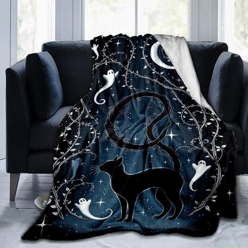 1pc Black Cat Printing Lightweight Flannel Blanket, Comfortable and Warm Blanket, for Camping Sofa Bed and Couch Office, in All Seasons