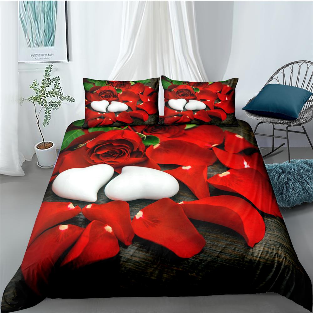 Ensemble Housse de Couette Rose Rouge et Blanc Ensemble de Literie Rose pour Couple d'Amoureux Housse de Couette en Polyester Cadeau de Saint-Valentin Taille King