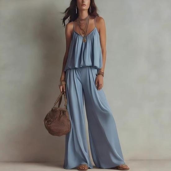 Summer 2 Piece Sets for Women, Spaghetti Strap Tank Top And Wide Leg Pants Lounge Set, Beach Vacation Travel Outfits
