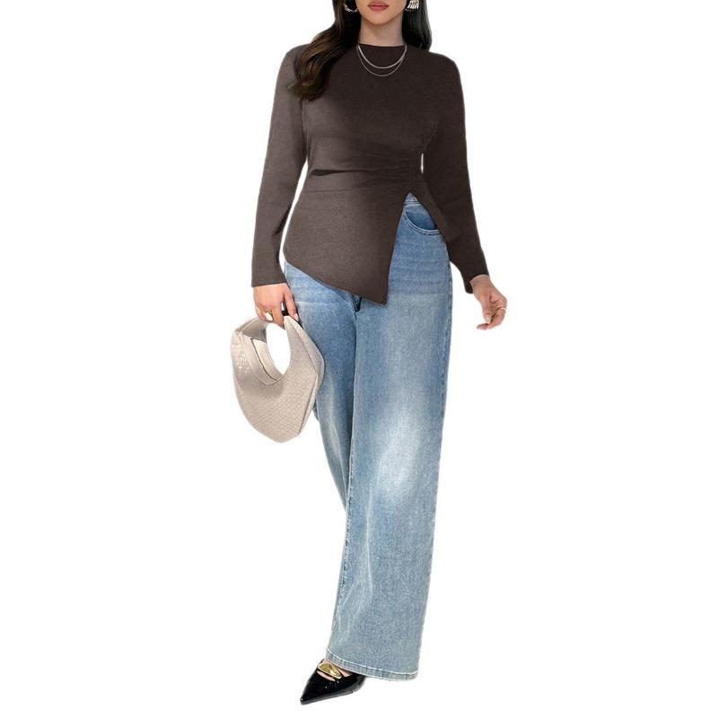 Plus Size Women Long Sleeve Round Neck Slim Fit Basic T Shirt