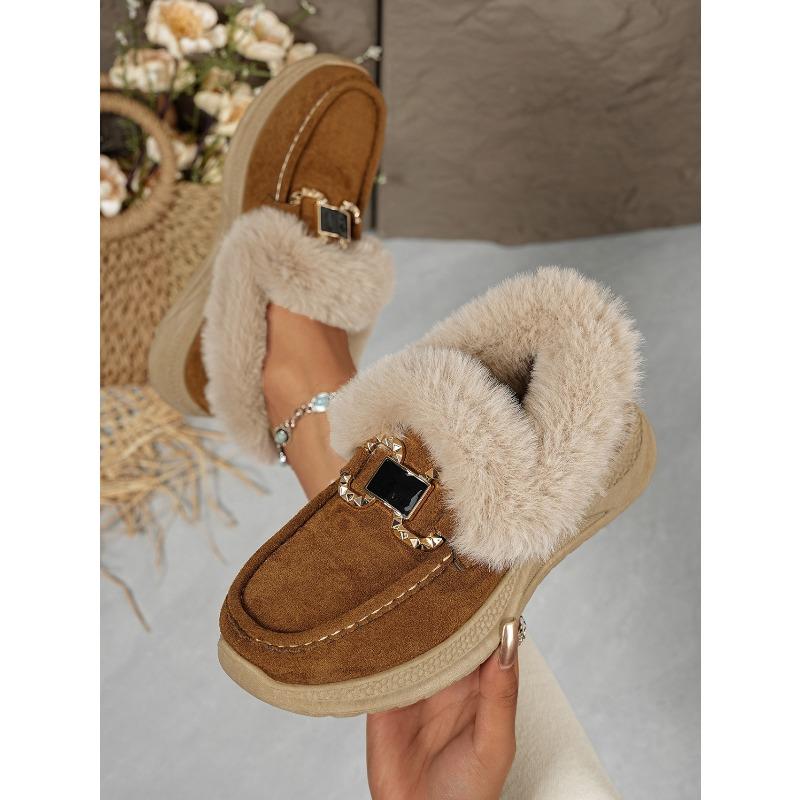 Winter New Metal Buckle Fleece Cotton Shoes Women's 2025 Plus-size Thick-soled Warm Fur Sneakers