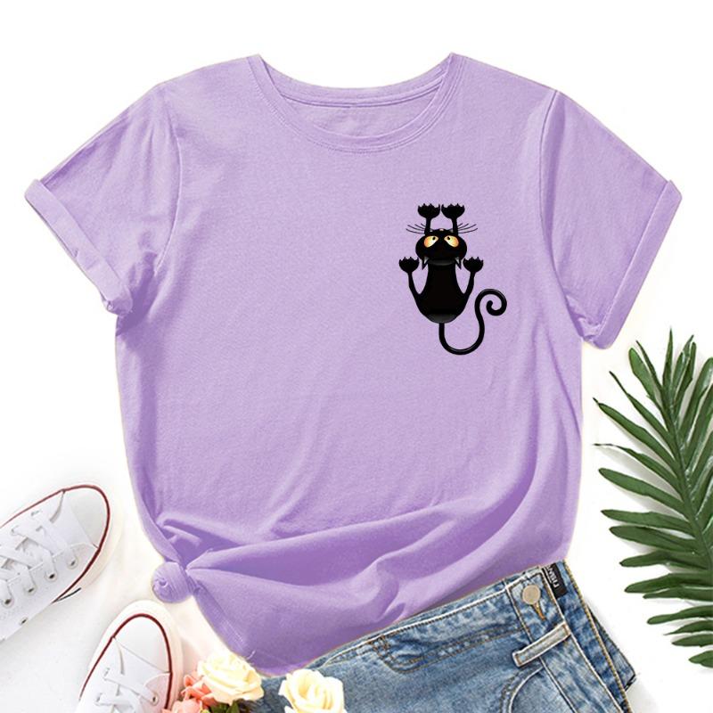 Summer Women's Cute Cat Print Loose Round Neck Pure Cotton Short Sleeved T-Shirts Women’s