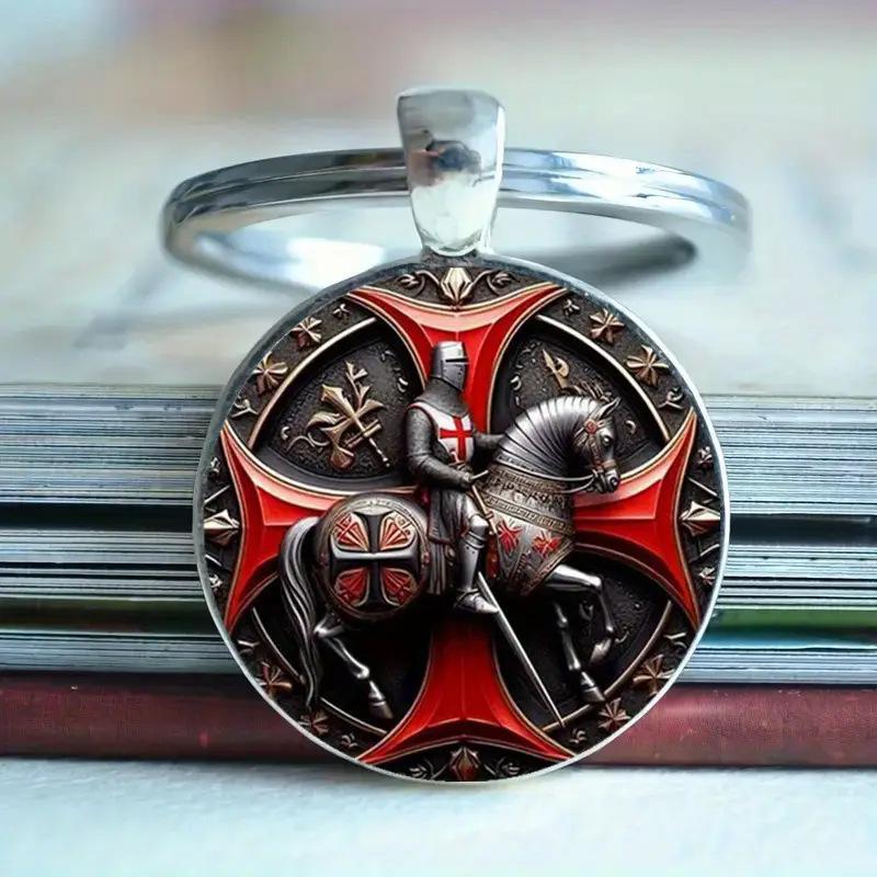1Pcs Red Cross Pendant Templar Keychain Army Crusade Solomon Freemason Symbol Glass Gem Metal Key Ring Holder Jewelry Gifts