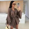 Spring Summer Ruffle Loose Mini Dress Casual Flare Sleeve Holiday Dresses Sexy Deep V Lace Up Solid Color Women's Dress Vestidos