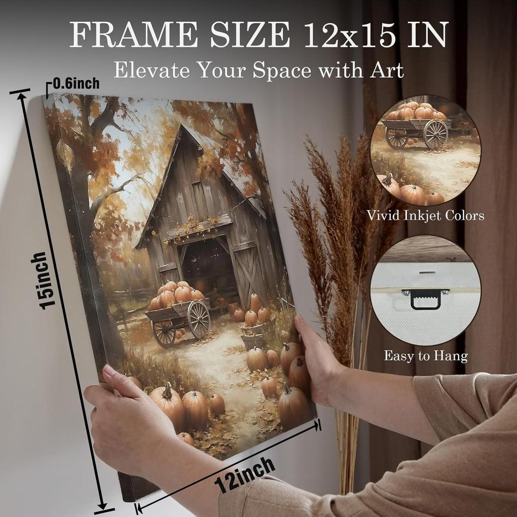 Voxitura Farmhouse Fall Pumpkin Fall Wall Art Canvas, Vintage Cottage Barn Wall Decor for Thanksgiving Kitchen, Rustic Autumn Paintings Pictures