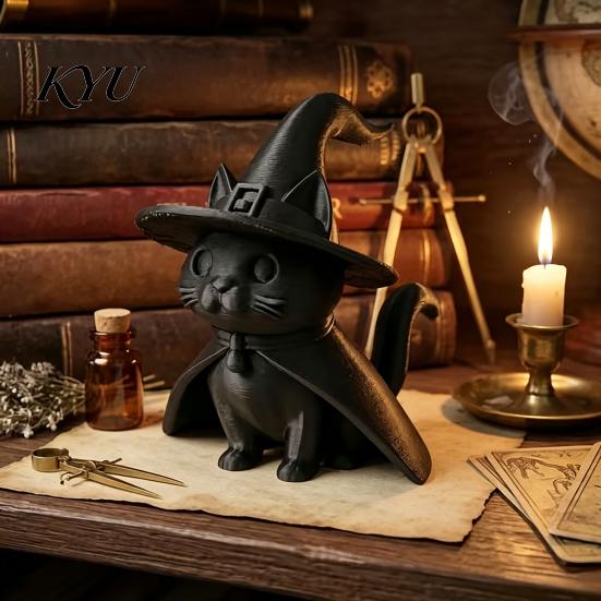 Collectible Cat Figure for Shelves Gothic Witch Hat Black Figurine, 3D Printed Wizard Cloak Kitten Spooky Style Interior Decor Statue, Cute Halloween