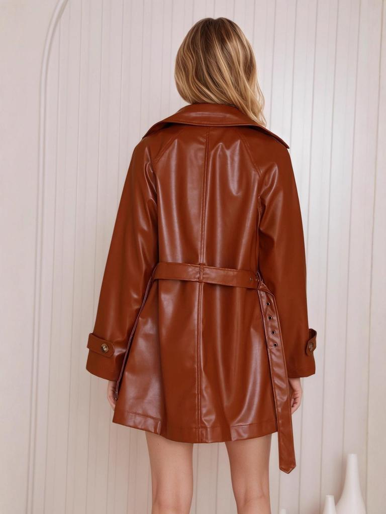 2025 Autumn European-American Brown Leather Jacket for Women, Mid-Length with Cross-Border Design Flair