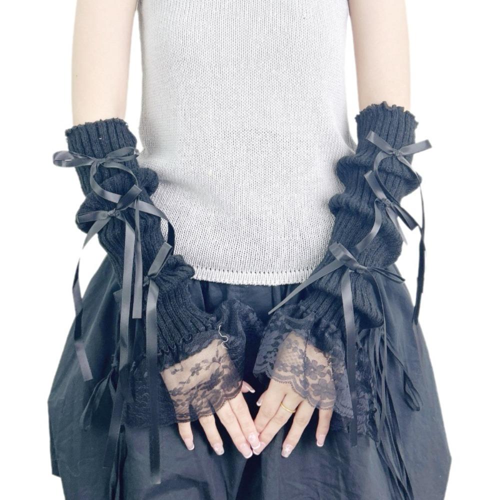 Knitted Wrist Sleeves Fingerless Anime Gloves Goth Elbow Mittens  Harajuku Style