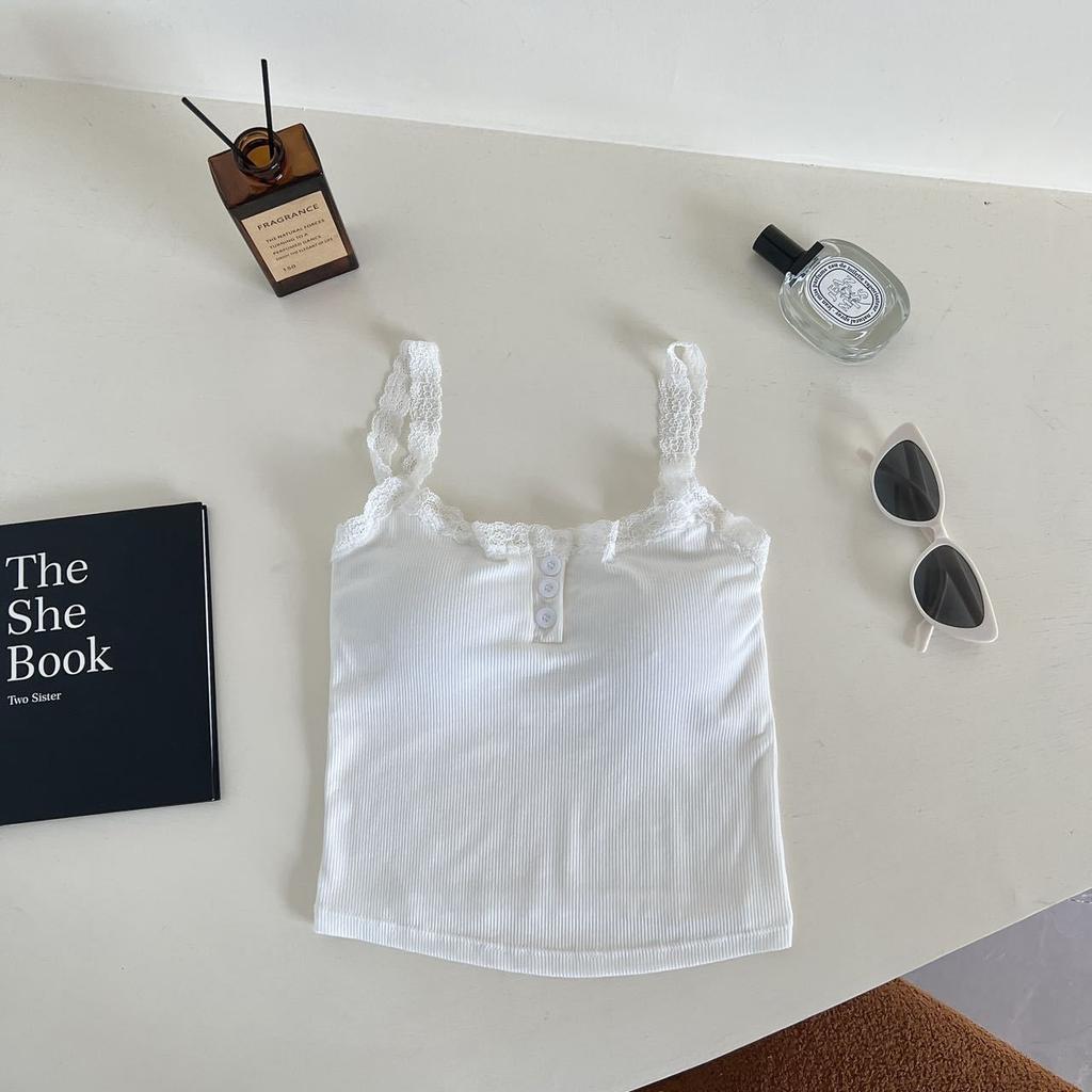 Camiseta sin mangas acanalada de encaje, Tops cortos con cuello Halter para mujer, camisola con botones, camisola con espalda al aire, chaleco recortado sin mangas de tubo de punto a la moda para mujer
