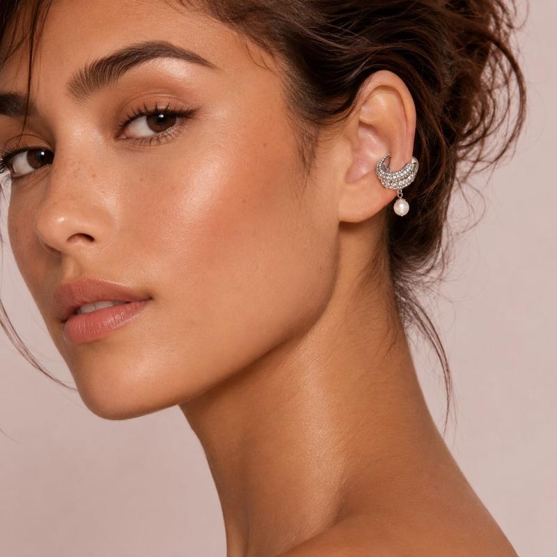 Silver-Plated Zircon Pearl Round Ear Cuff No Piercing Accessories Elegant Double Layer Stainless Steel Clip Earrings For Women