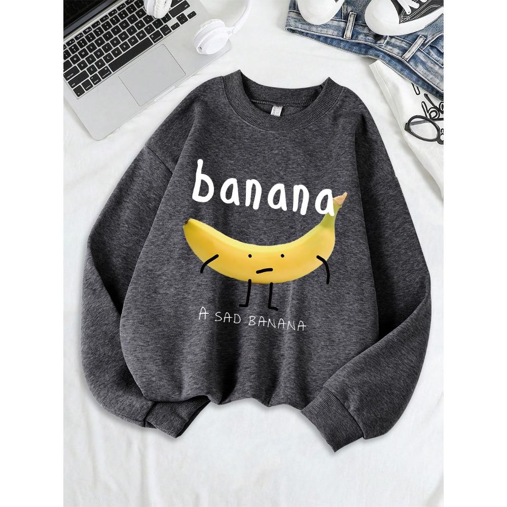 

Грустные банановые принты Толстовки Женские Свитшоты с круглым вырезом Базовые Худи Теплый Свободный Пуловер Зимняя Удобная Женская Одежда XL