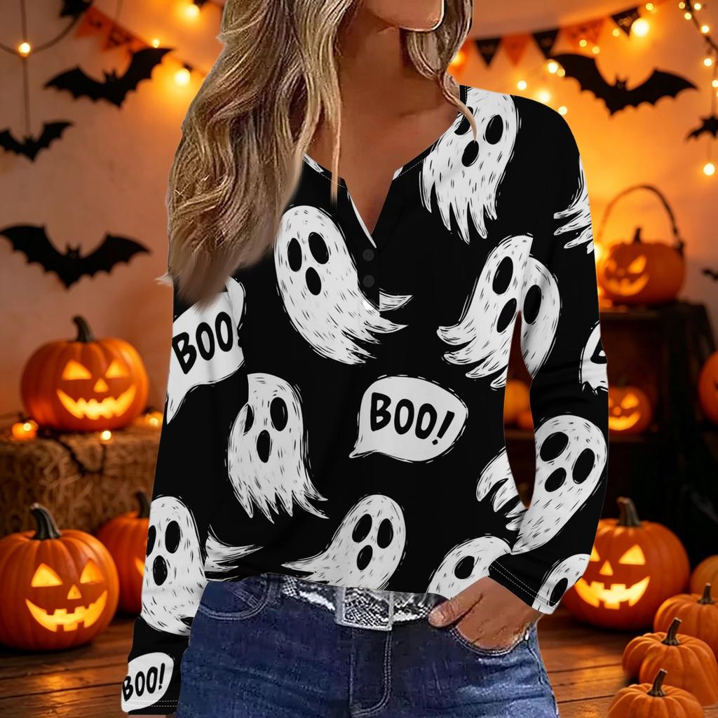Womens Casual Long Sleeve V Neck Button Down Top Halloween Print Pullover Shirt Lightweight Comfortable Fit