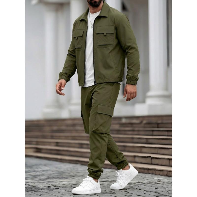 Herren S Einfarbig Langarm Jacke Hose Mehrere Taschen Lässig Arbeitskleidung Zweiteiliges Set