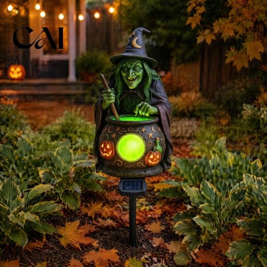 Rozmarná čarodějnická umělecká solární lampa v kotlíku na zahradní kolík, Voděodolná pryskyřice, Svítící LED dekorace, Figurka, Socha, Strašidelná venkovní lampa na cestičku pro terasu