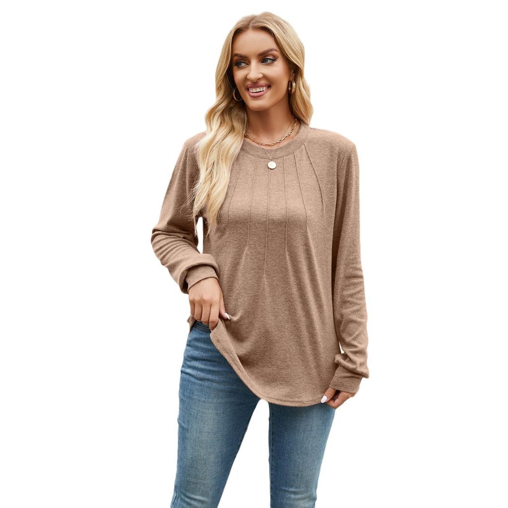 Women's Fall Casual Long Sleeve Top Crew Neck Pleated Loose Fit Fashion Daily Wear Tunic Blouse