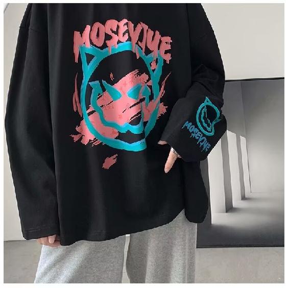 2024 Men's Long-Sleeved T-shirt Autumn Undershirt Long Sleeve Cotton Autumn Hong Kong Style Printing Loose Trendy Top