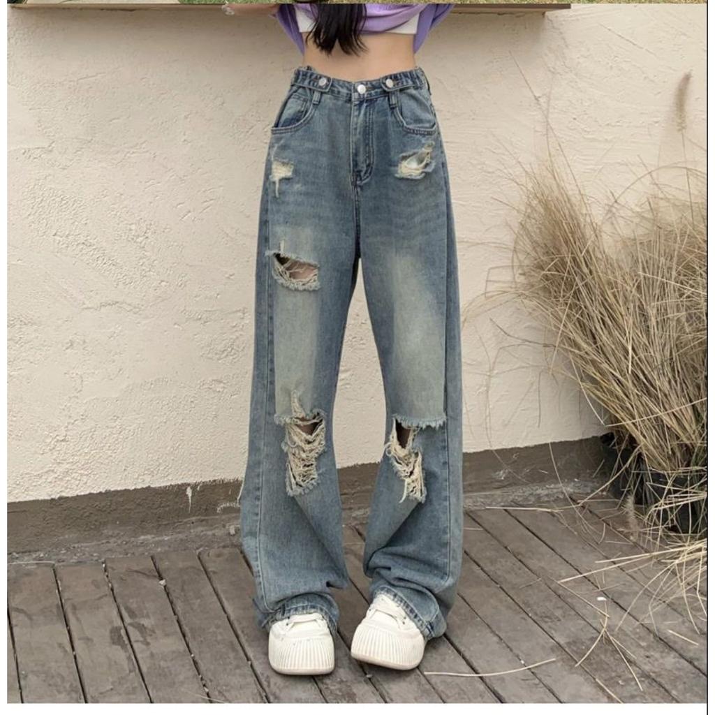 American Retro Ripped Jeans for Women High Waist Straight Loose Slimming Design High Street Vibe Wide Leg Floor-Length Pants