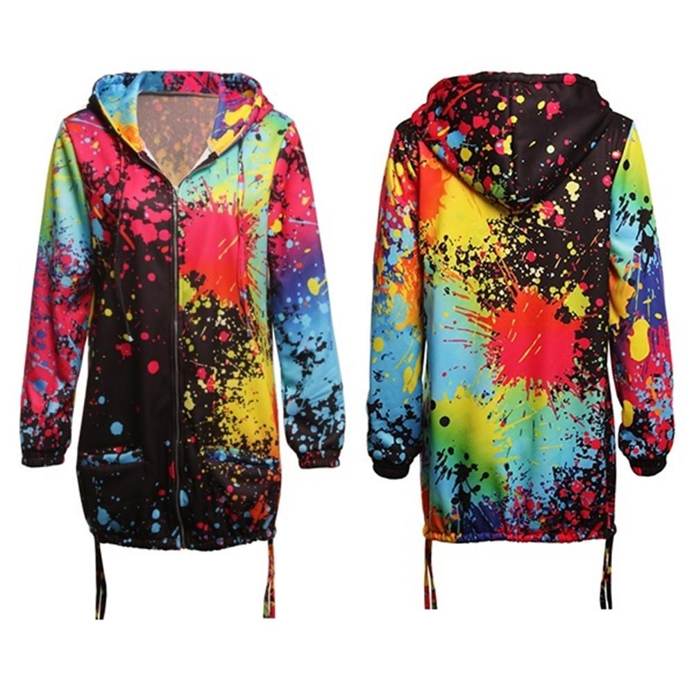 Women Casual Long Sleeve Zipper Jacket Multicolor Printing Hooded Coat