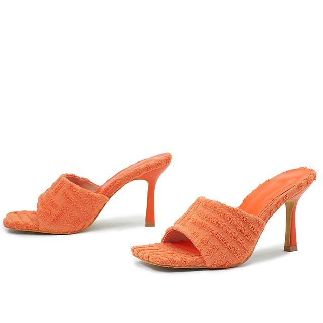 

Летние женские шлепанцы на высоком каблуке 9 см, роскошные брендовые дизайнерские тапочки, женские туфли без шнуровки на шпильках, оранжево-зеленые туфли для вечеринок 42 оранжевый