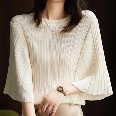 Fashion Loose White Bat Sleeve Knitted Shirts Elegant Half Sleeve Top Korea Style Casual Cute Womens Blouse  Blusas 27618