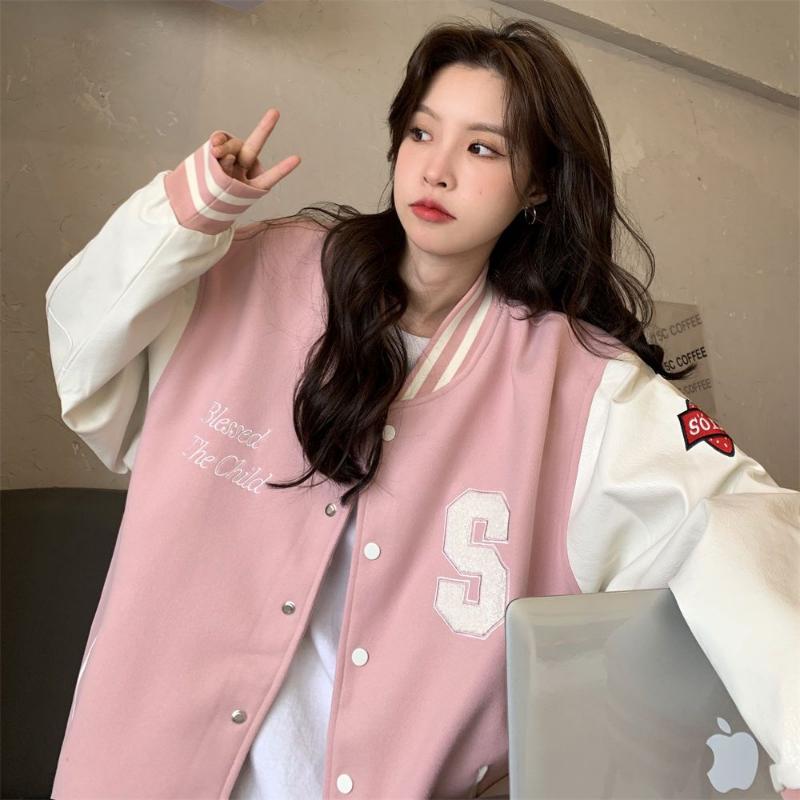 Streetwear Bomber Jacket Women Oversized Varsity Jackets College Uniform Harajuku Fashion Korean Pink Baseball Coat