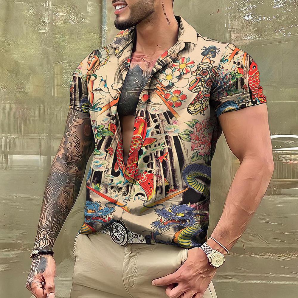 T-shirt con tatuaggio estivo Camicie hawaiane da uomo Marca Manica corta Top Magliette Camicetta casual da uomo Moda Camisas De Hombre Abbigliamento