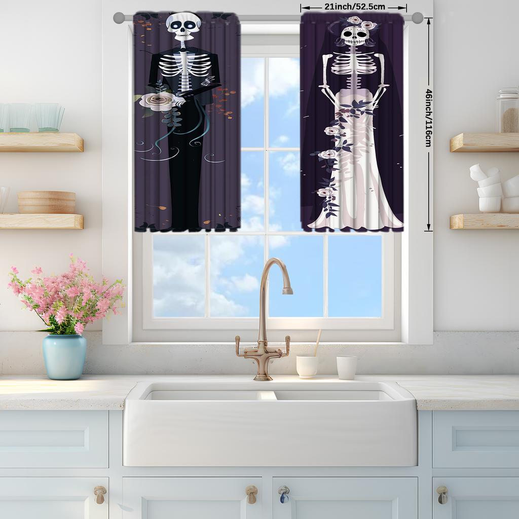 2pcs Gothic Skeleton Wedding Dress Printed Curtain for Home Decor - Rod Pocket Window Treatment for Bedroom, Office, Kitchen