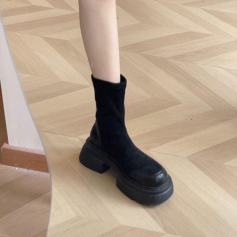 

Женские туфли на толстой подошве, увеличивающие рост, осенне-зимние новые туфли, замшевые полусапоги, удобные ботинки Мартина, Челси на одной педали 40