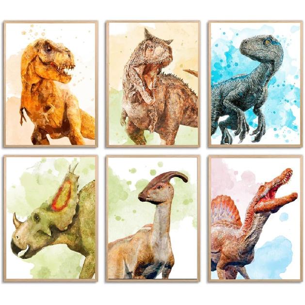 Dinosaur Poster T-Rex Print For Kids Decor Vintage Dinosaur Canvas Wall Art For Modern Family Decor (8×12 inch,Set of 6, Unframed)