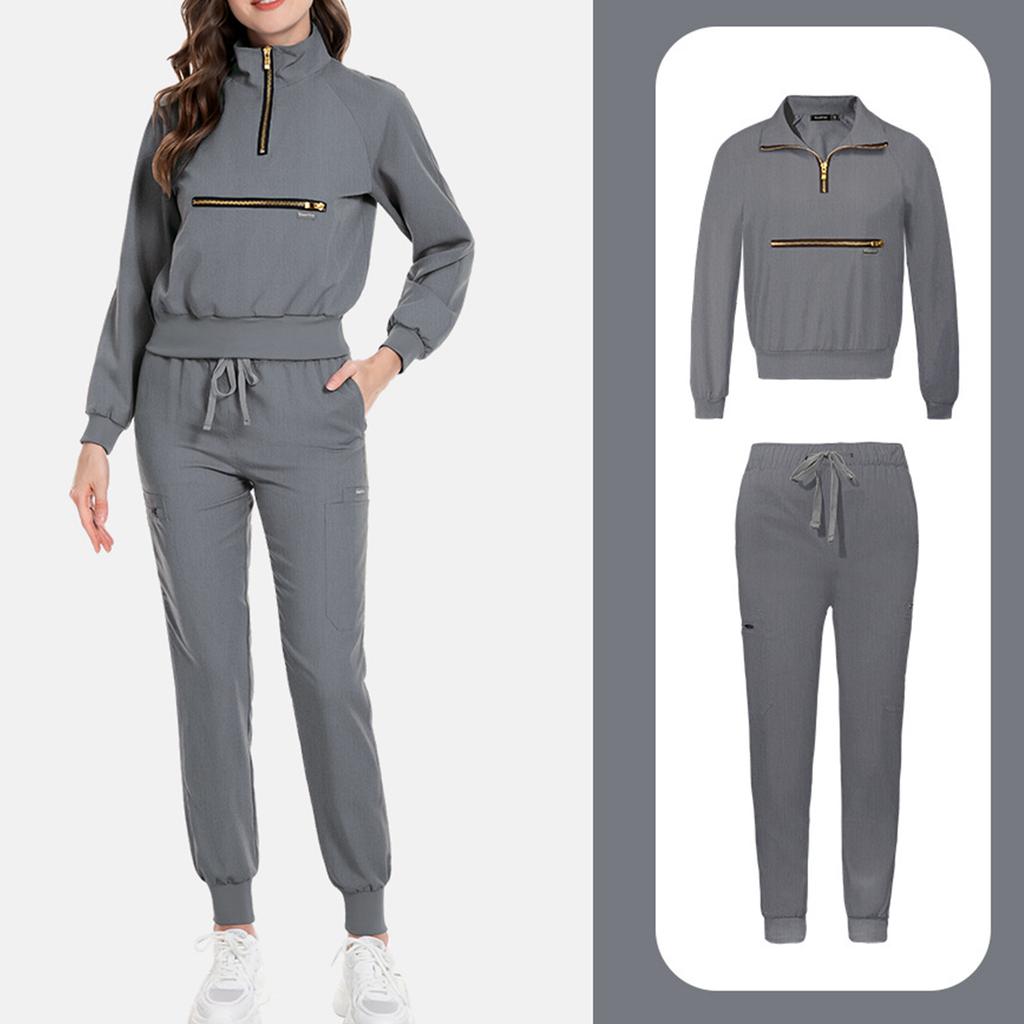 Ladies' Loose And Comfortable V-neck Long Sleeved Stand Up Collar Workwear With Multiple Pockets Suit Set