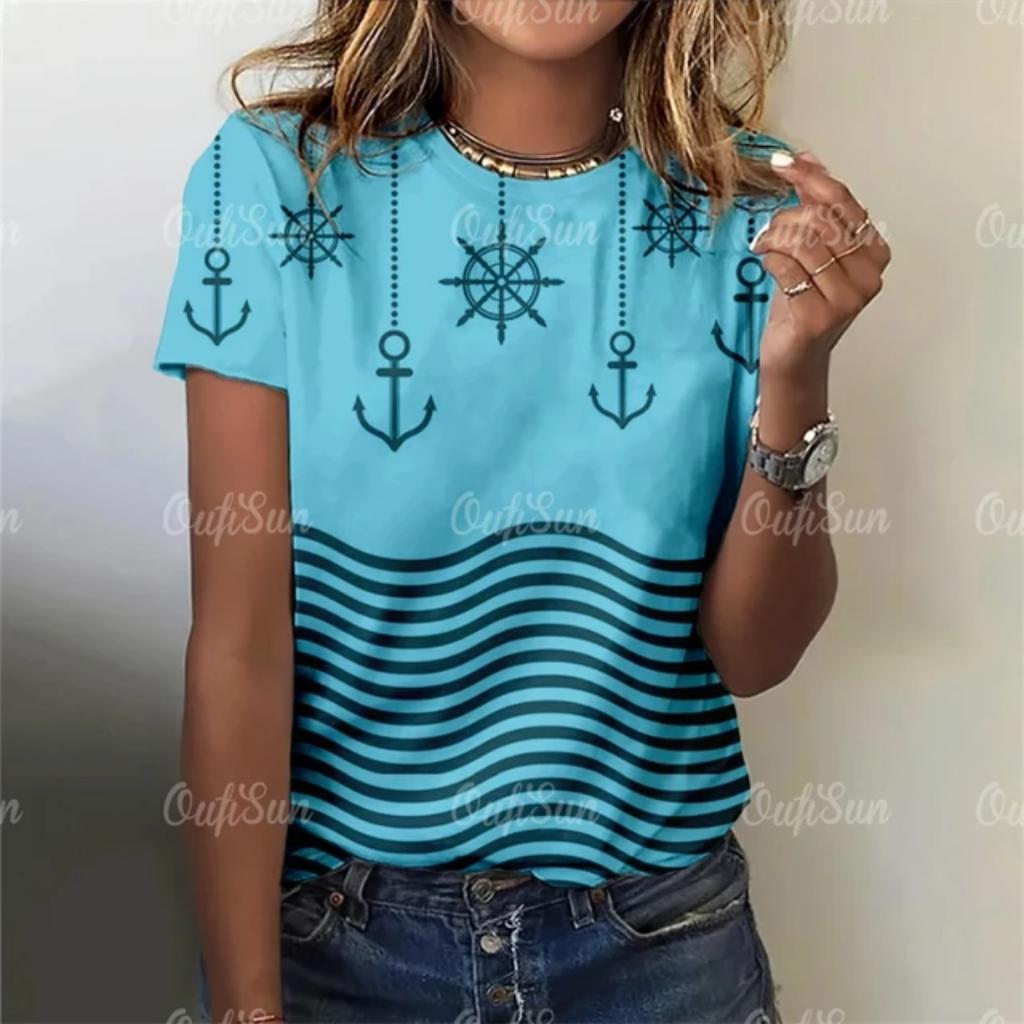 T-Shirt im neuen Stil für Frauen mit Anker-Print, Sommer-Übergröße, T-Shirts für Damenbekleidung, O-Ausschnitt, Damenmode, Übergröße