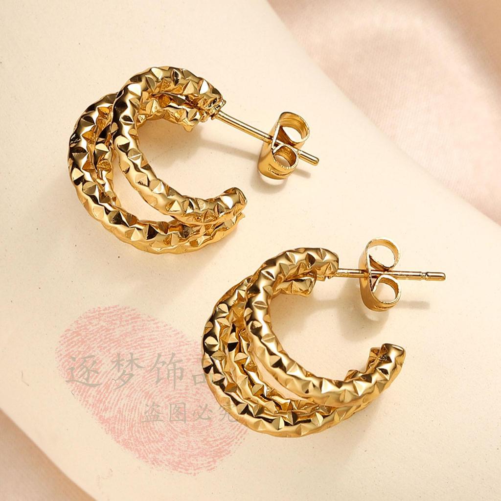 18K Gold Pleated Silver Titanium Steel Stud Earrings - Luxury European & American Design