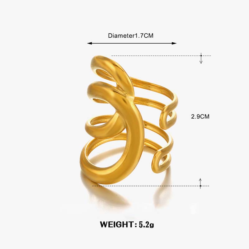 Stainless Steel Metal Wide Open Rings For Women Exaggerated Gold Color Texture Geometric Line Ring Jewelry Gifts