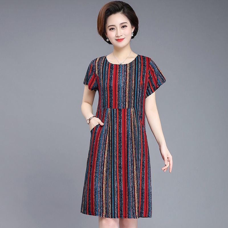 Women Summer XL-XXXXXL Plus Size Mid-length Printed Dress Short Sleeve A-line Knee-length Round Neck Pocket
