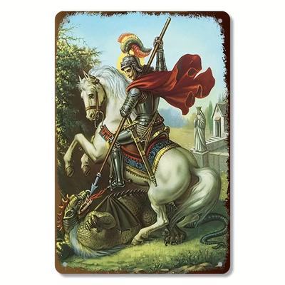 , St. George Strażnik Vintage Metalowy Znak - Retro Sztuka Ścienna ze Św.. Św. Jerzy na koniu zabijający smoka, Trwały do wnętrz/Na zewnątrz