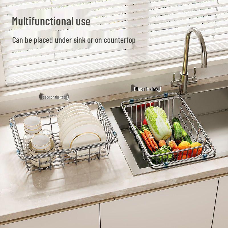 Stainless Steel Telescopic Dish Drying Rack and Sink Vegetable Washer