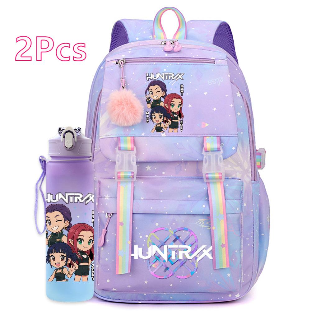 2 st/set Söt Anime Kpop Tryckt Ryggsäck 750 ml Vattenflaska Stor Kapacitet Resväska för Tonårsflicka Pojke Bokväska Barnpresent Rucksak