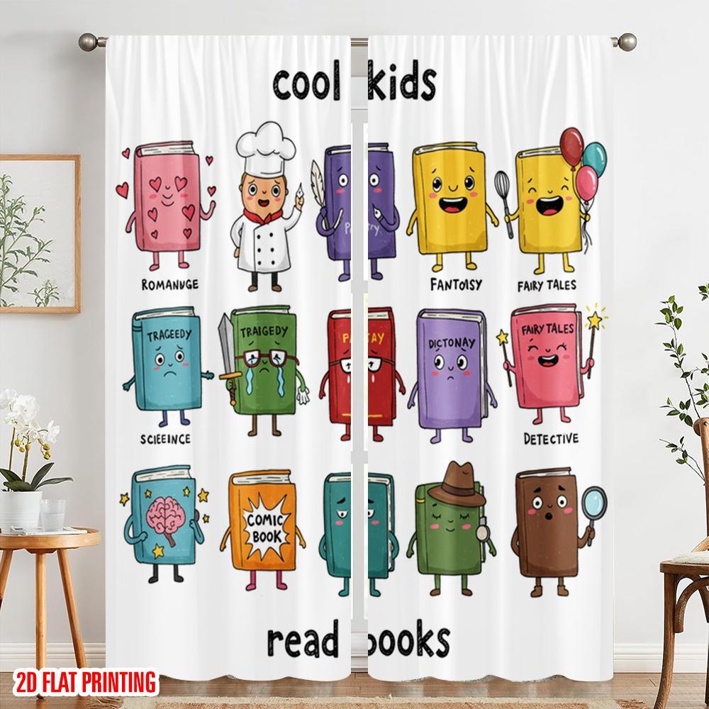 2 Stück 2D Flachdruck Party Fenster Vorhänge Cool Kids Lesen Bücher Polyester Ohne Strom Geburtstagsfeier Verwendung für goldene Wand